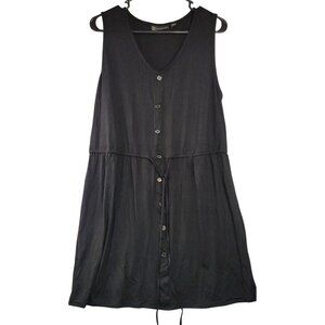 New York & Company Black Drawstring Waist Sleeveless Button-Front Dress Large